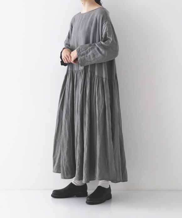 Natural dye linen gathered waist pullover dress｜nest Robe